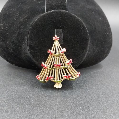 Goldtone Brooch Christmas Tree Hand Painted Red Ribbon Green Garland 2.25 in