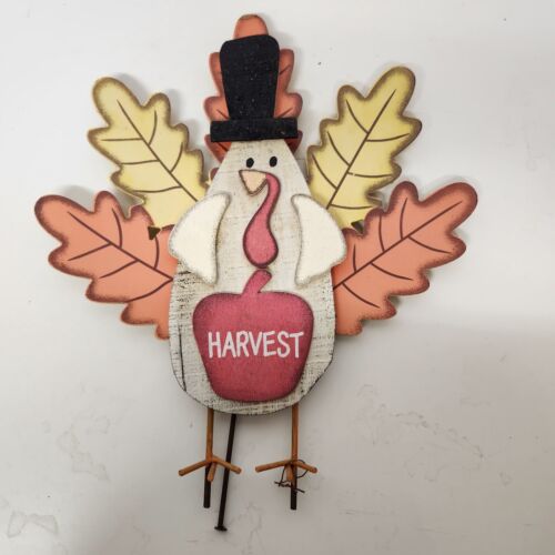 Harvest Yard Art Decor Turkey Leaf Tailfeathers Wood Hardboard Metal Spike Base