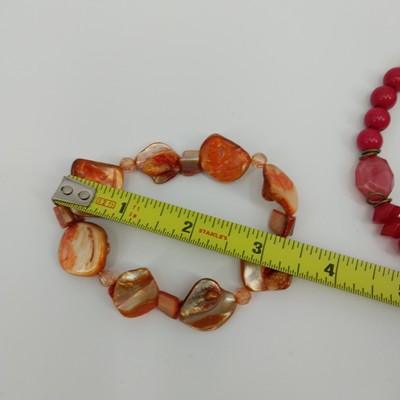 Set of 2 Bracelet Orange Marbled Red Faceted Faux Pearl Beaded with Gold Tone 7"