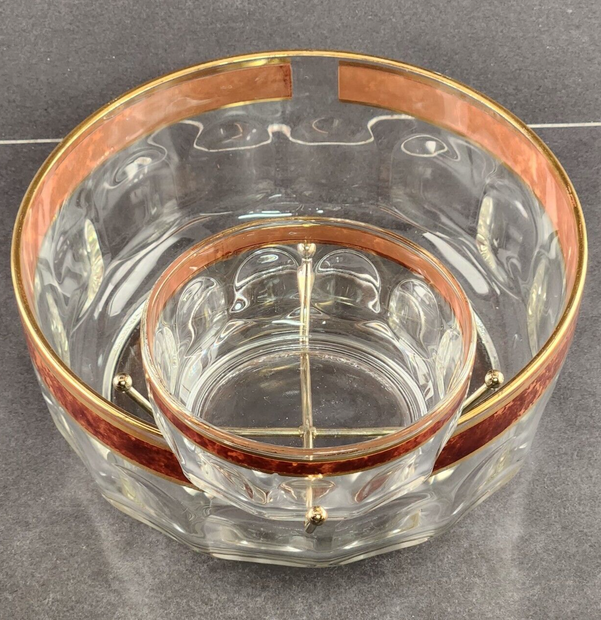 Arcoroc Glass Chip Dip Set w Dip Bowl Bracket France Brown and Gold Border Trim