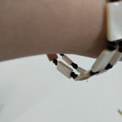 Set of 2 Bracelet Faux Pearl Black & White Beads Cylinder Rectangle Stretch 7.5"