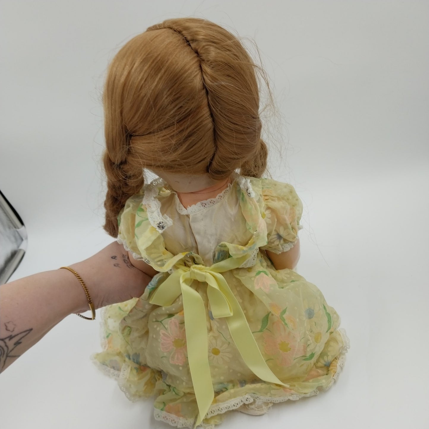 Composite Doll in Yellow Floral Dress with Blonde Hair Arms Legs Head Moves 27"