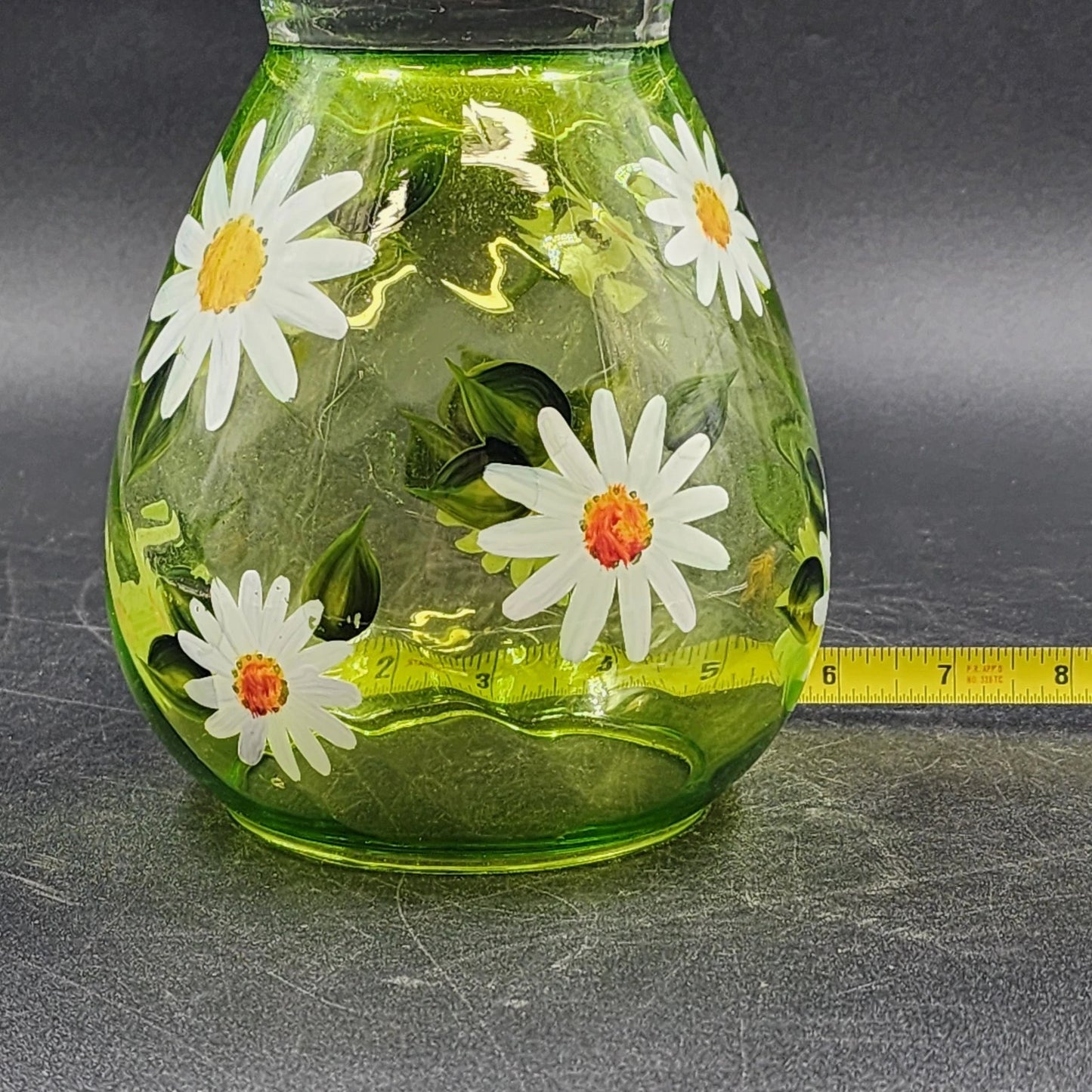 Daisy Green Swirl Glass Vase Hand Painted White Daisies Mid Century Style 7” Vtg