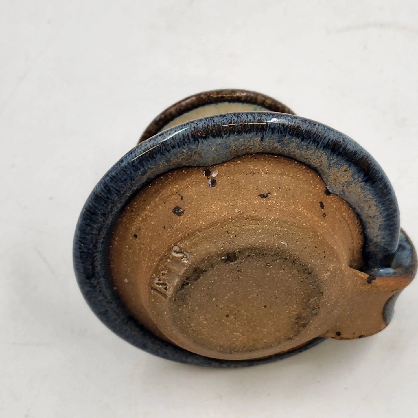 Doug Sassi Signed Pottery Candle Holder Vintage Blue Brown Handcrafted 4" x 2.5"