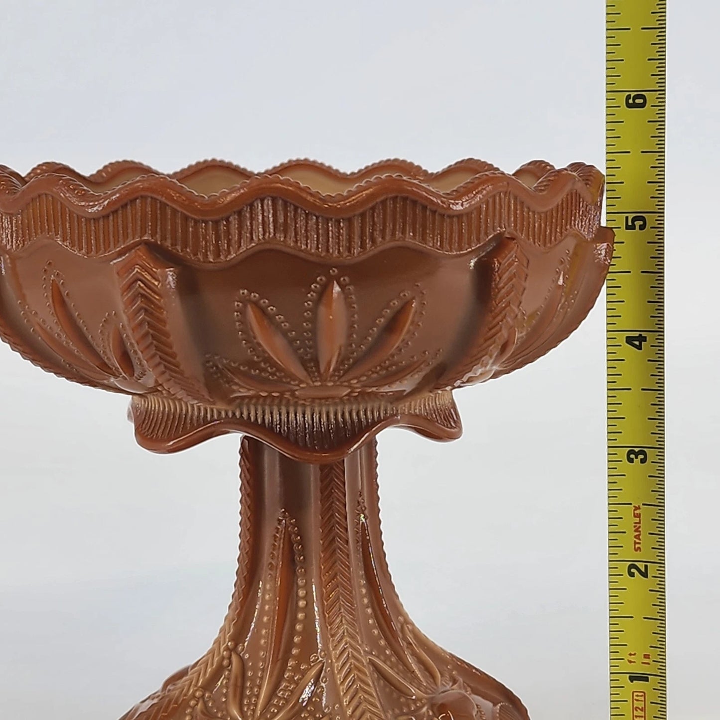 Greentown Chocolate Glass Compote Cactus Pattern Pedestal Scalloped 1890's Vtg