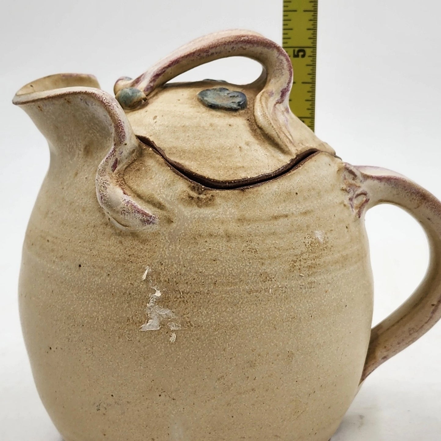 Pouty-Faced Teapot Pottery 5.25" Beige Artisan Studio Art Whimsical Rustic