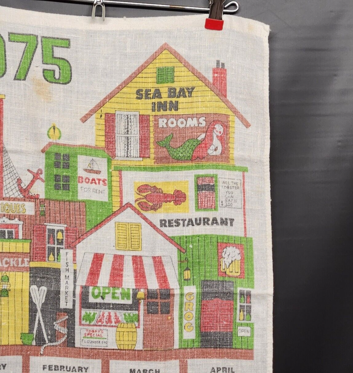 OceanWalk 1975 Calendar Linen Kitchen Towel Multicolor Lobster Seabass Inn Stain