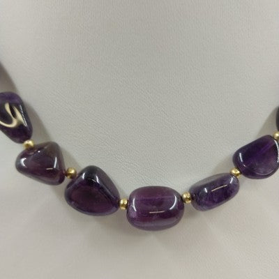 Statement Necklace with Gold Tone Beads and Glossy Natural Amethyst 18" Jewelry