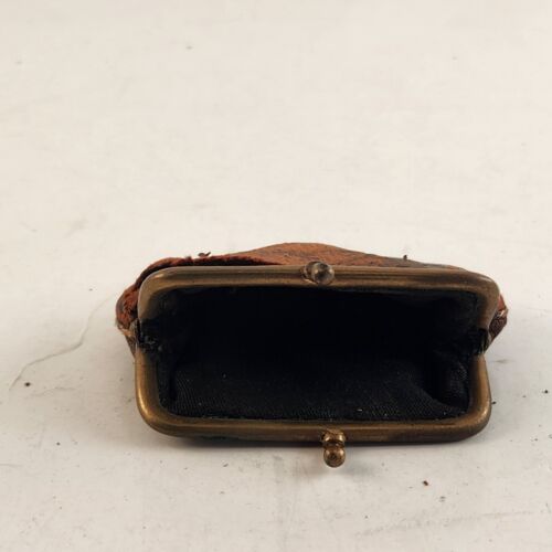 Vintage Black Leather Mini Coin Purse Gold Trim Kiss Closure Rustic