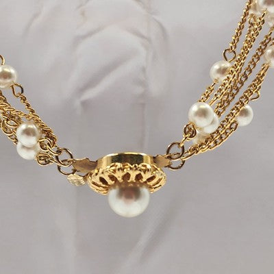 Necklace in Gold Tone Multi Chains with Faux Pearls Double Strand 11" Box Clasp