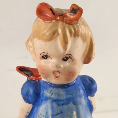 Porcelain Girl Figurine Carrying Flowers with Daddy's Slippers Unmarked 5" 1950s