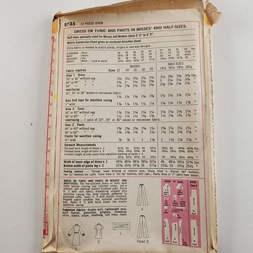 Simplicity 5735 Vintage Sewing Pattern '73 Misses ½Sz Dress or Tunic & Pants 18½
