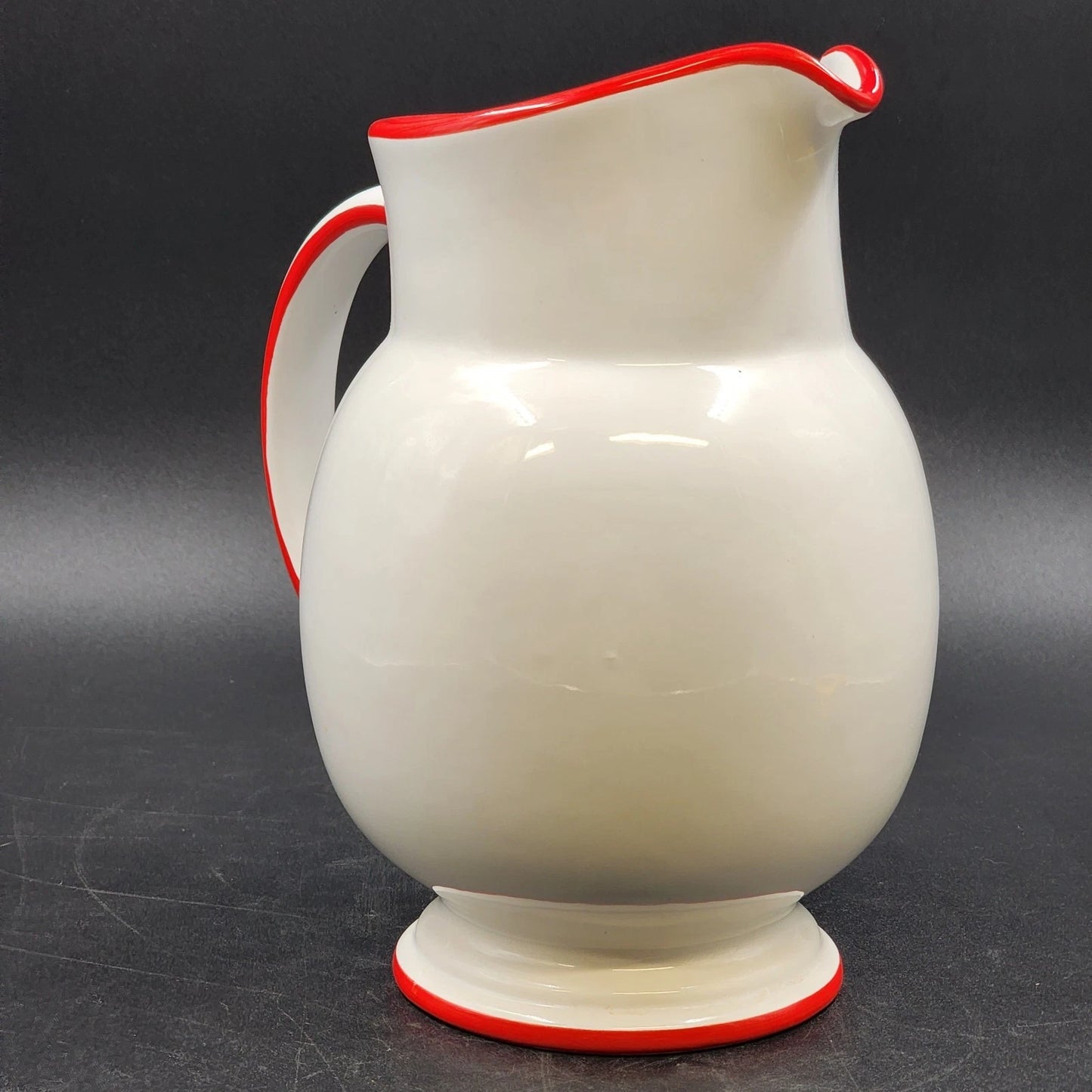 Four’s Gift Rooster Pitcher 9.5" White Ceramic Red Trim w Handle 2003 Farmhouse