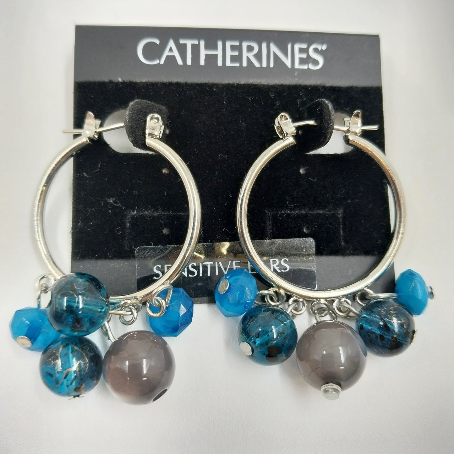 Catherines Silver Tone Blue Gray Dangle Bead Hook Earrings For Pierced Ear