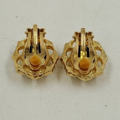 Gold Tone Black Stone & Clear Rhinestones Clip On Earrings