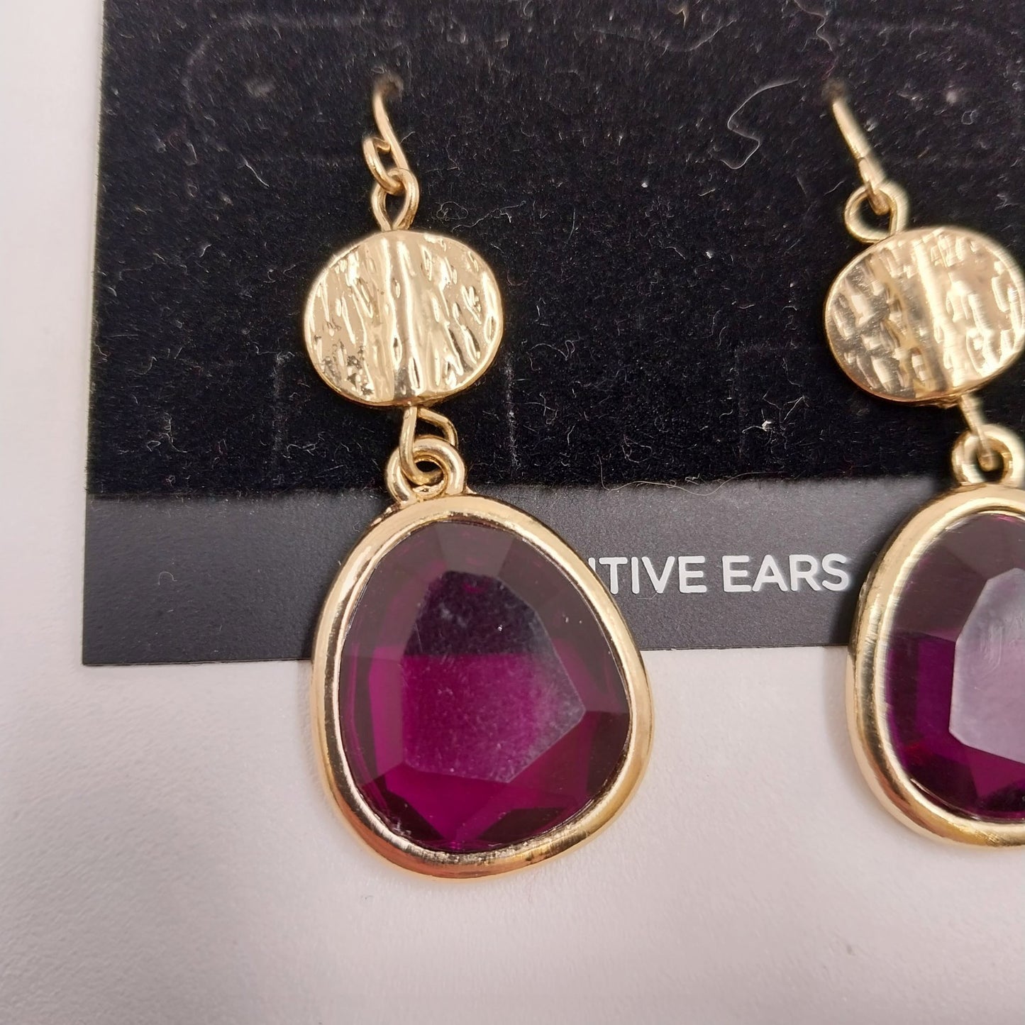 Catherines Earrings Garnet Gold Tone Disc with Purple Rhinestone Dangle 1.5"