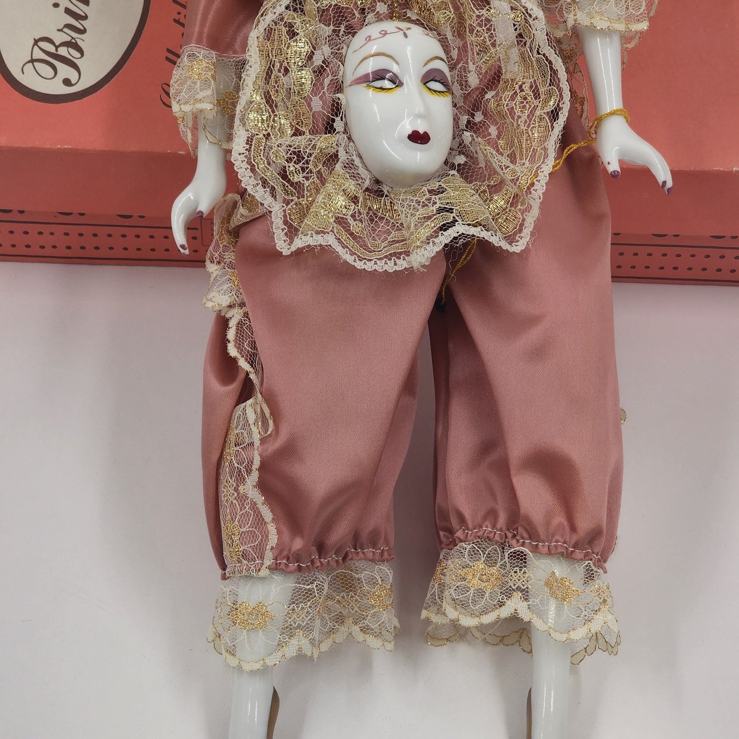 Brinn's Harlequin Porcelain Doll Mardi Gras Clown Mauve & Gold 17" 1991 COA VTG