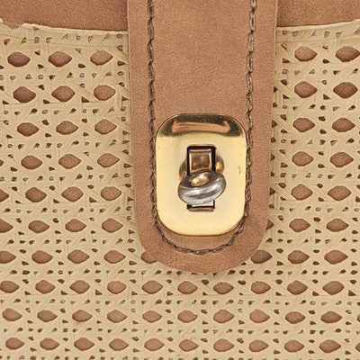 Tan Leather Train Case – 10.5" Travel Luggage with Cane Web Front, Latch Closure, Pockets & Interior Mirror Vintage