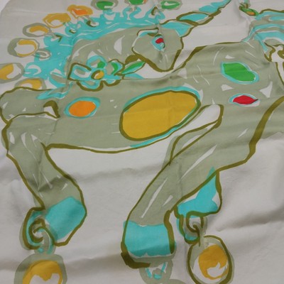 Kenneth Jay Lane Signed Unicorn Silk Scarf 31" Square Green Blue Jewel Japan