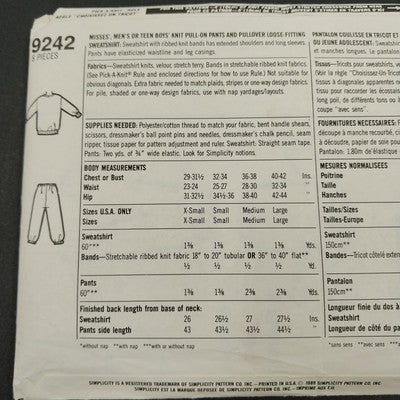 Simplicity 9242 Vtg Sewing Pattern Cut Unisex Sweatpants Sweatshirt Med 1990s