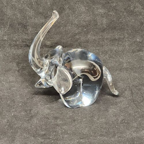 Clear Glass Elephant Figurine Paperweight 4" Long x 4.5" Tall Trunk Up Good Luck