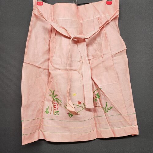 Apron Waist Vintage Pink Linen Embroidery Pocket handmade Kitchen Pink Tropical