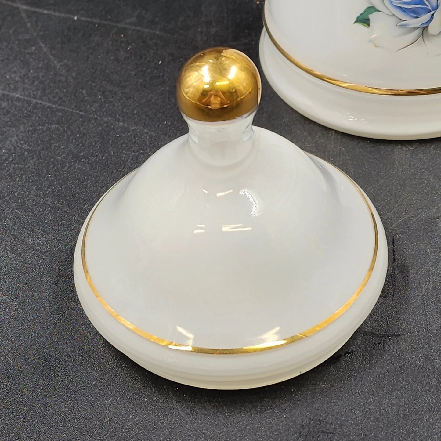 Apothecary Jar Blue Tea Rose in White Frosted Milk Glass with Gold Trim 9" x 4"d