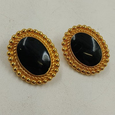 Oval Gold Tone & Black Clip On Earrings