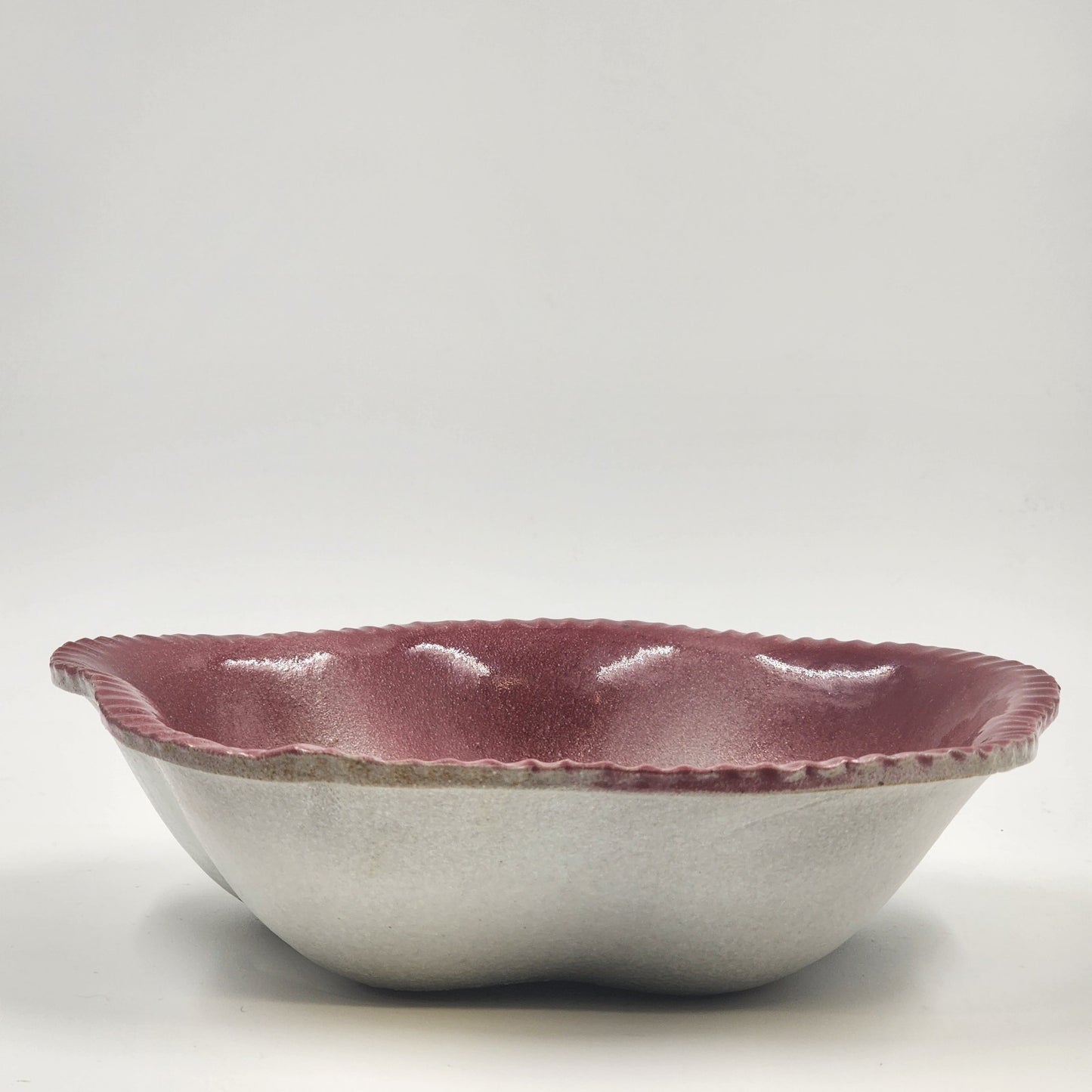 Handmade Studio Art Red Clay Serving Bowl Pink to White Glaze 9" x 2.5" Signed