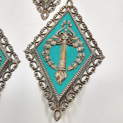 Set 4 Homco Diamond Cameo Wall Plaques Gold & Turquoise Decor Rare Mid Century