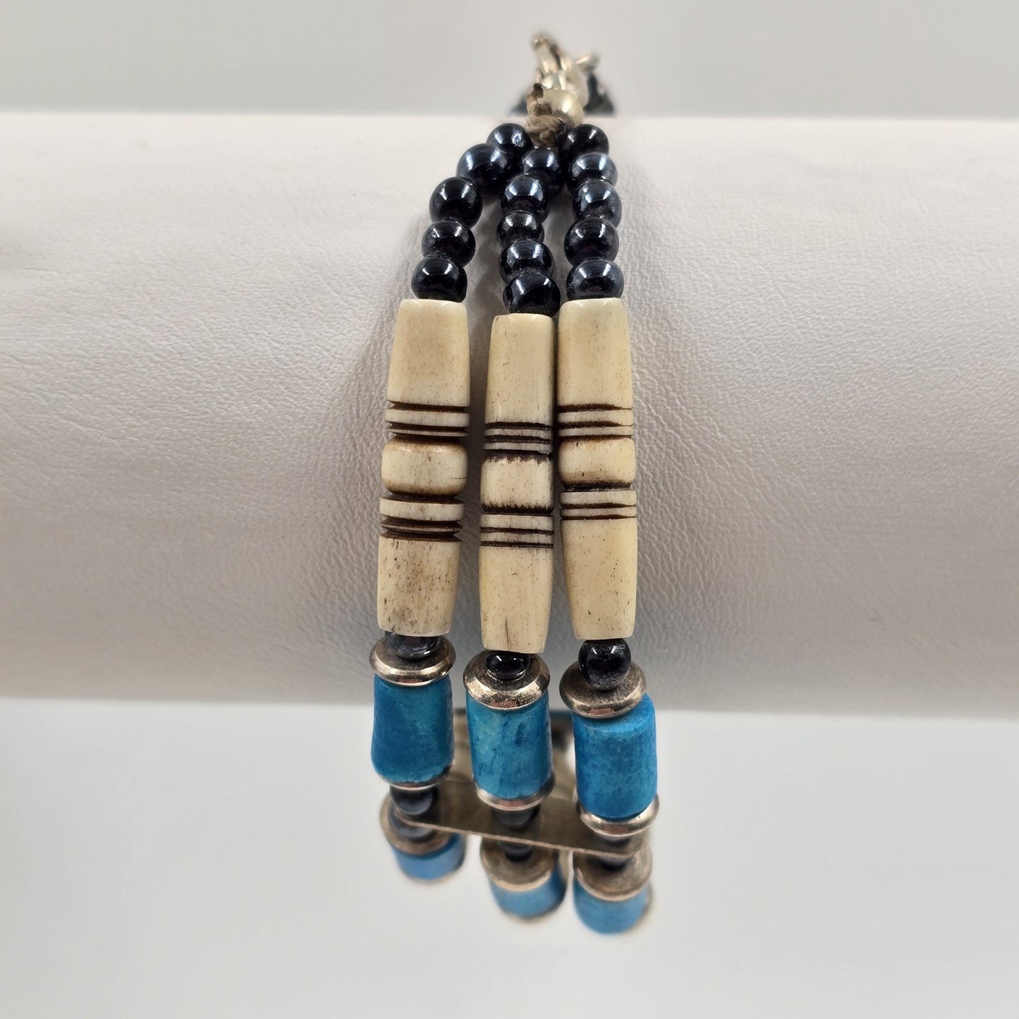 Blue White American Native Style Line Choker Beads 3 Strand Tribal Bracelet 7"