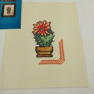 Set of 4 Completed Cross Stitch Desert Mini Vase Plants 6x7" Aida Cloth Unframed