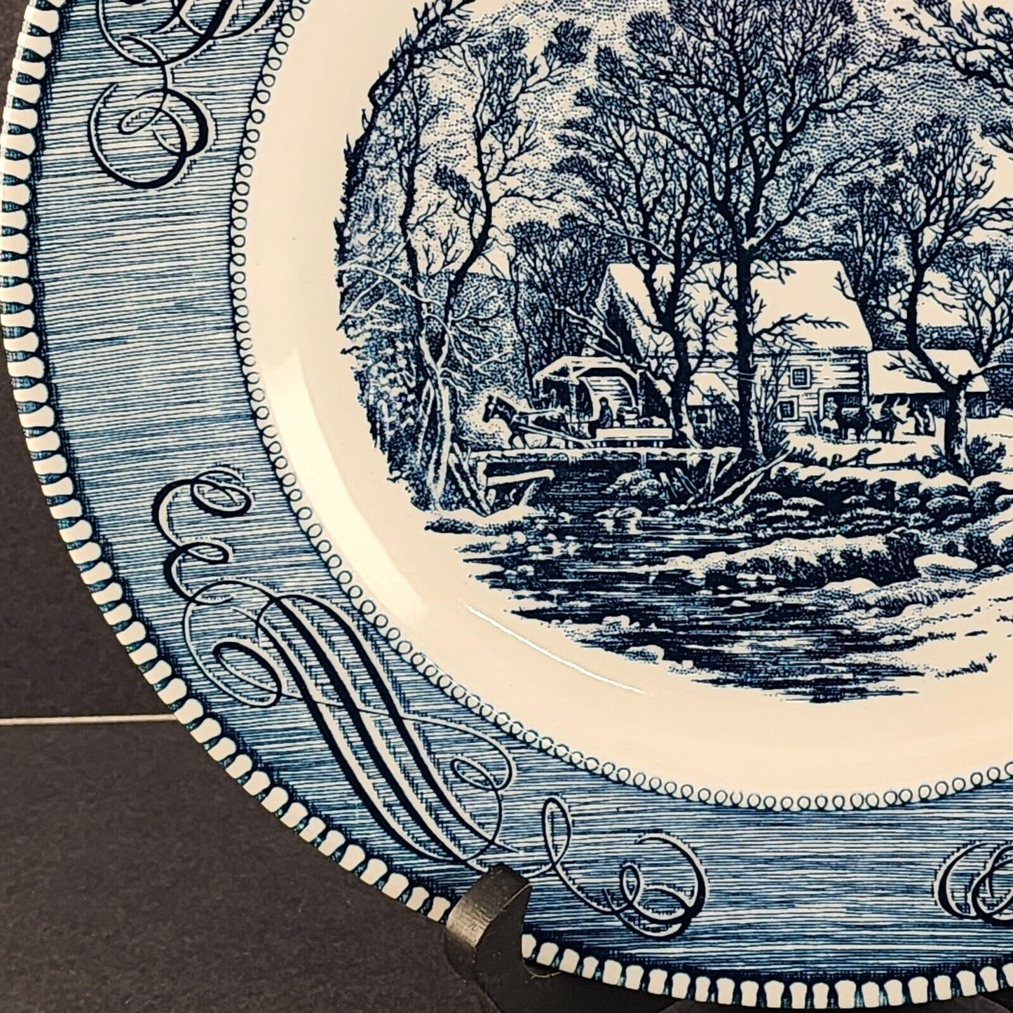 Currier and Ives Blue 10" Dinner Plate by Royal The Old Grist Mill Image USA