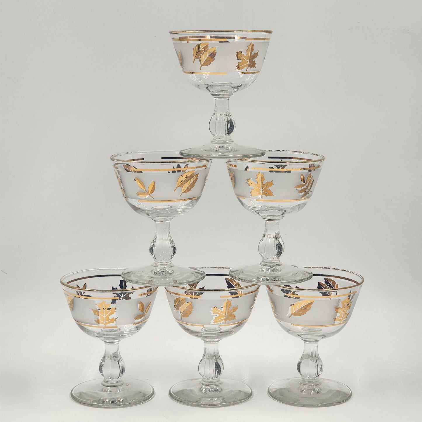 6 Libbey Stemmed Wine Glasses Gold Leaf Goblets Mid Century Modern 4.5"h