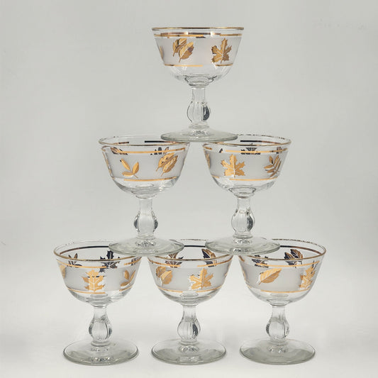 6 Libbey Stemmed Wine Glasses Gold Leaf Goblets Mid Century Modern 4.5"h