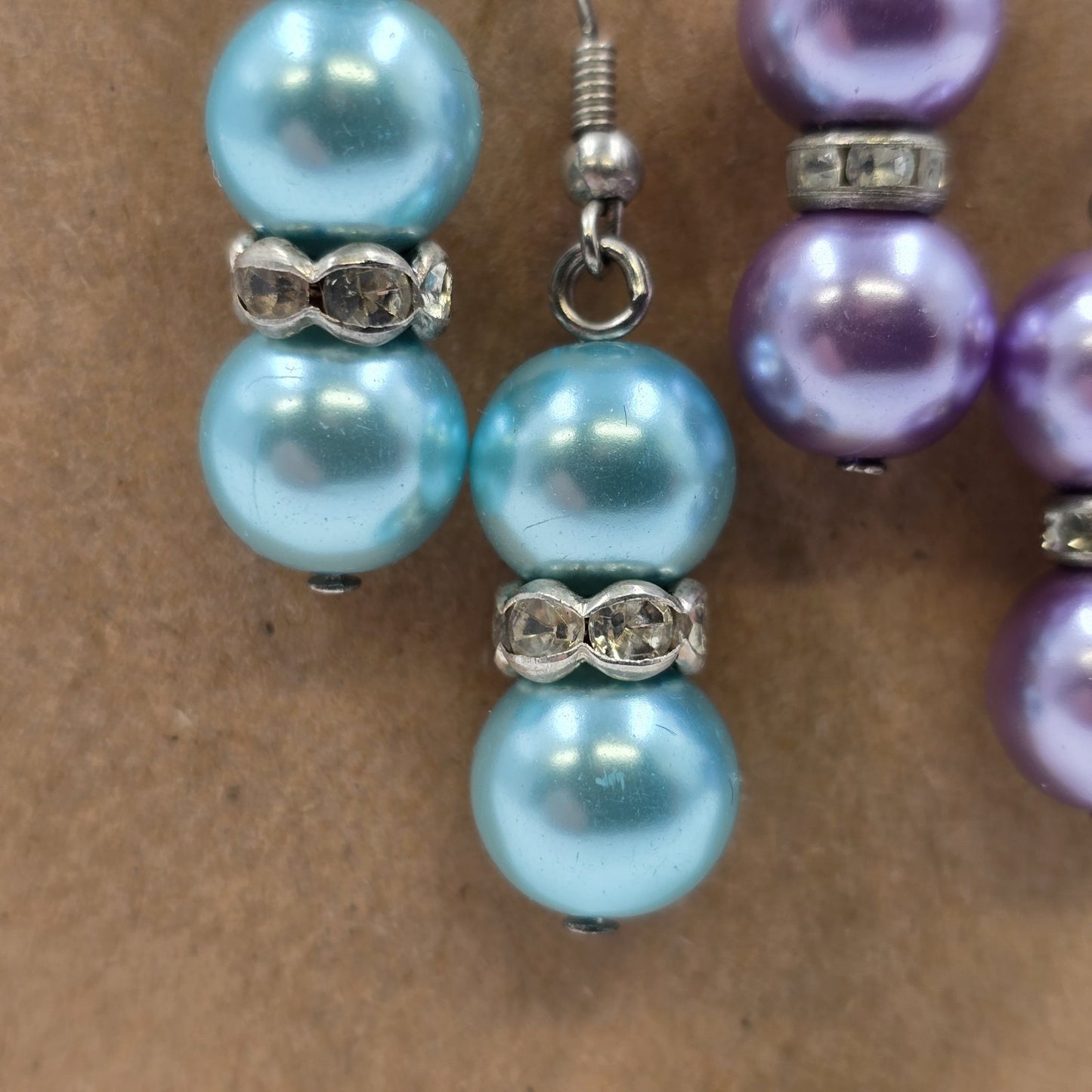 2 Set Earrings Teal & Lavender Faux Pearl Beads with Rhinestone Drop Dangle Hook