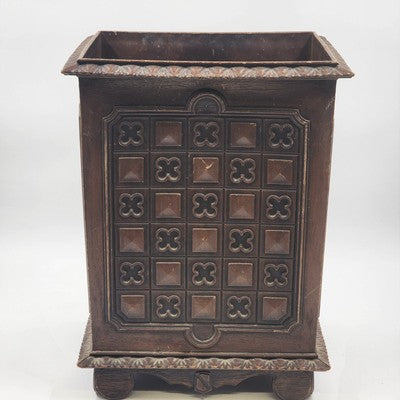 Vintage Faux Carved Wood Plastic Waste Basket Trash Can 14.75" MCM