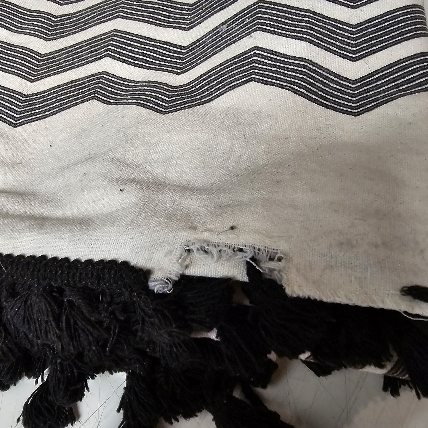 Boho Geometric Window Curtains Black Tan on White Rod Pockets Fringe 60" x 84"