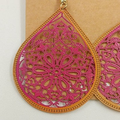 Plunder Mollie Pink Orange Teardrop Shaped Filagree Drop Dangle Earrings Jewelry