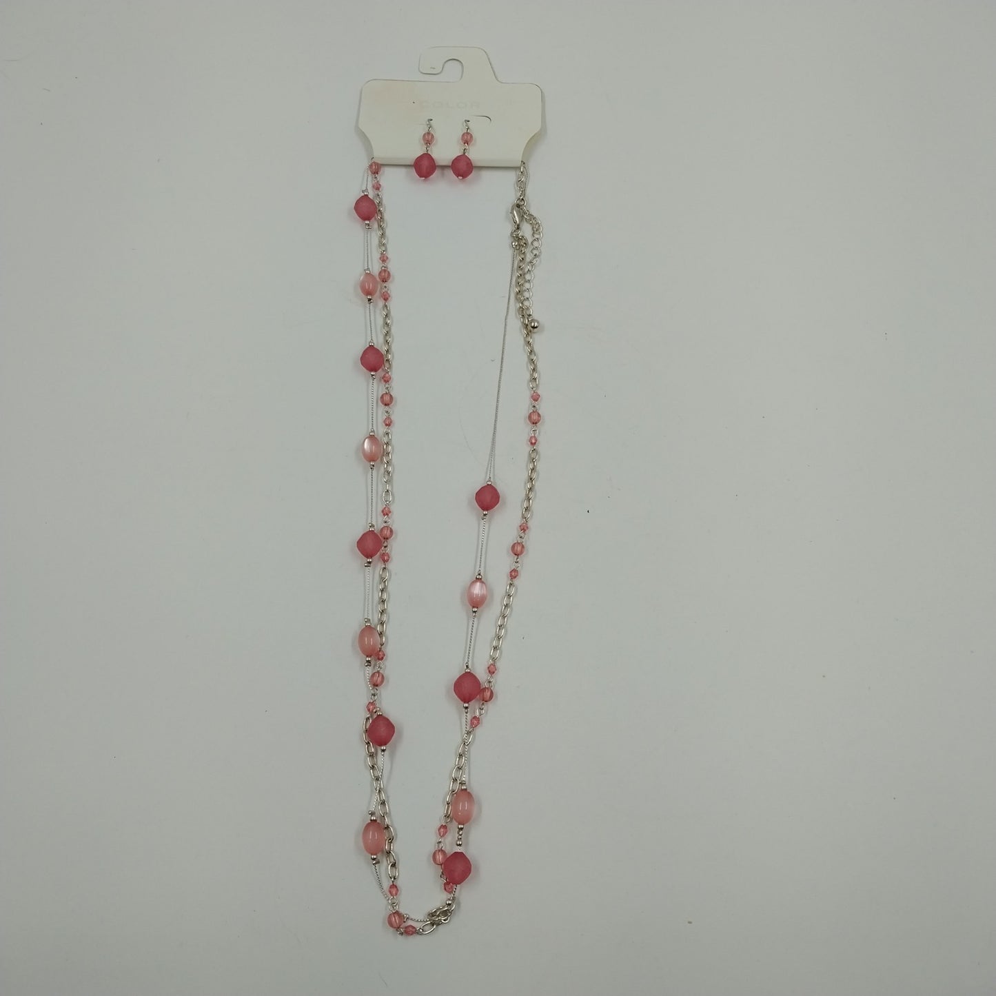 Silver Tone Necklace and Earrings Set in Pink Faux Pearl Beads Double Strand 15"