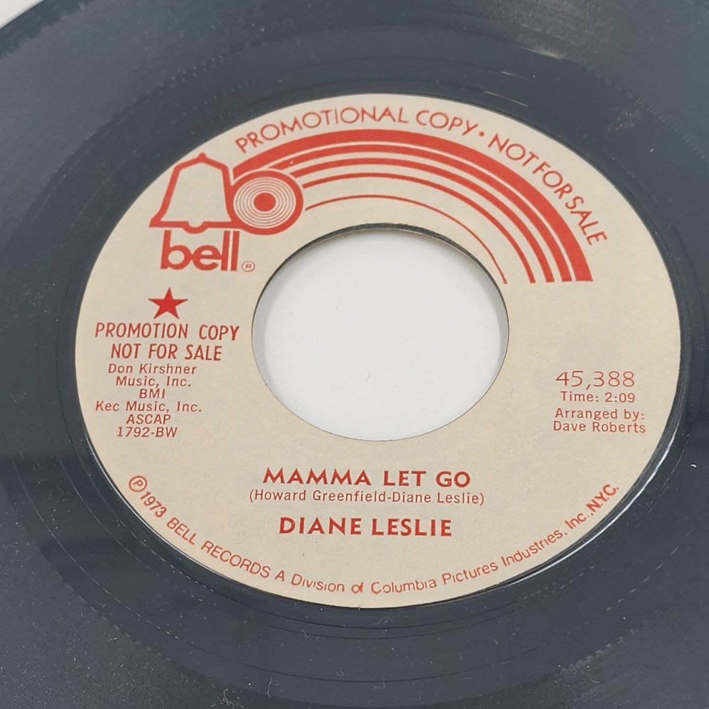 Diane Leslie Bell Records Promotion Copy of Mamma Let Go Vinyl 7" 45 RPM 1973