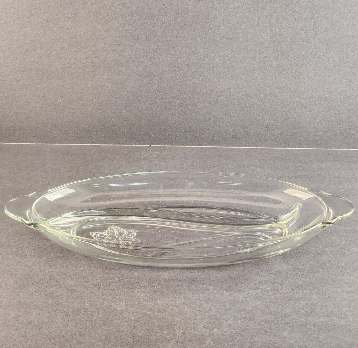 13" Oval 2 Section Relish Dish Clear Glass Frosted Leaf Anchor Hocking Vintage