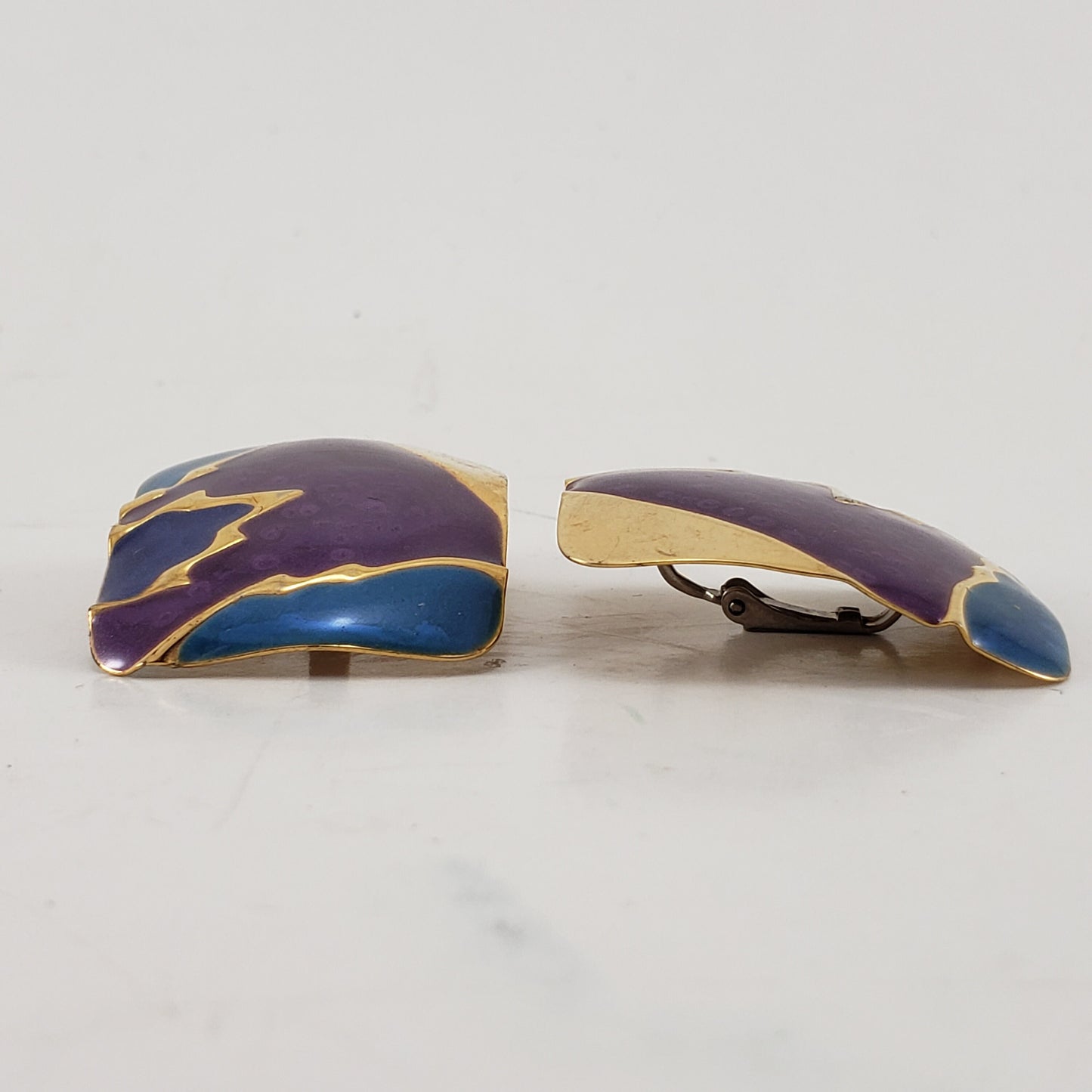 Vintage Square Gold Tone Blue Purple Enamel Clip On Earrings