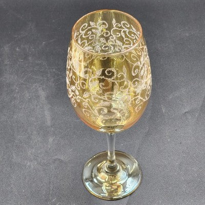 4 Etched 16oz Goblet Wine Glass 10" Cristelleria Fratelli Fumo Iridescent Amber