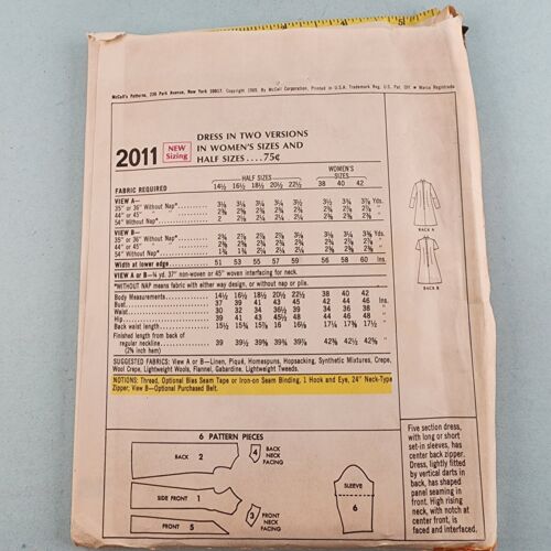 McCall's 2011 Vintage Sewing Pattern '69 Women's Lightly Fitted Dress Size 18.5