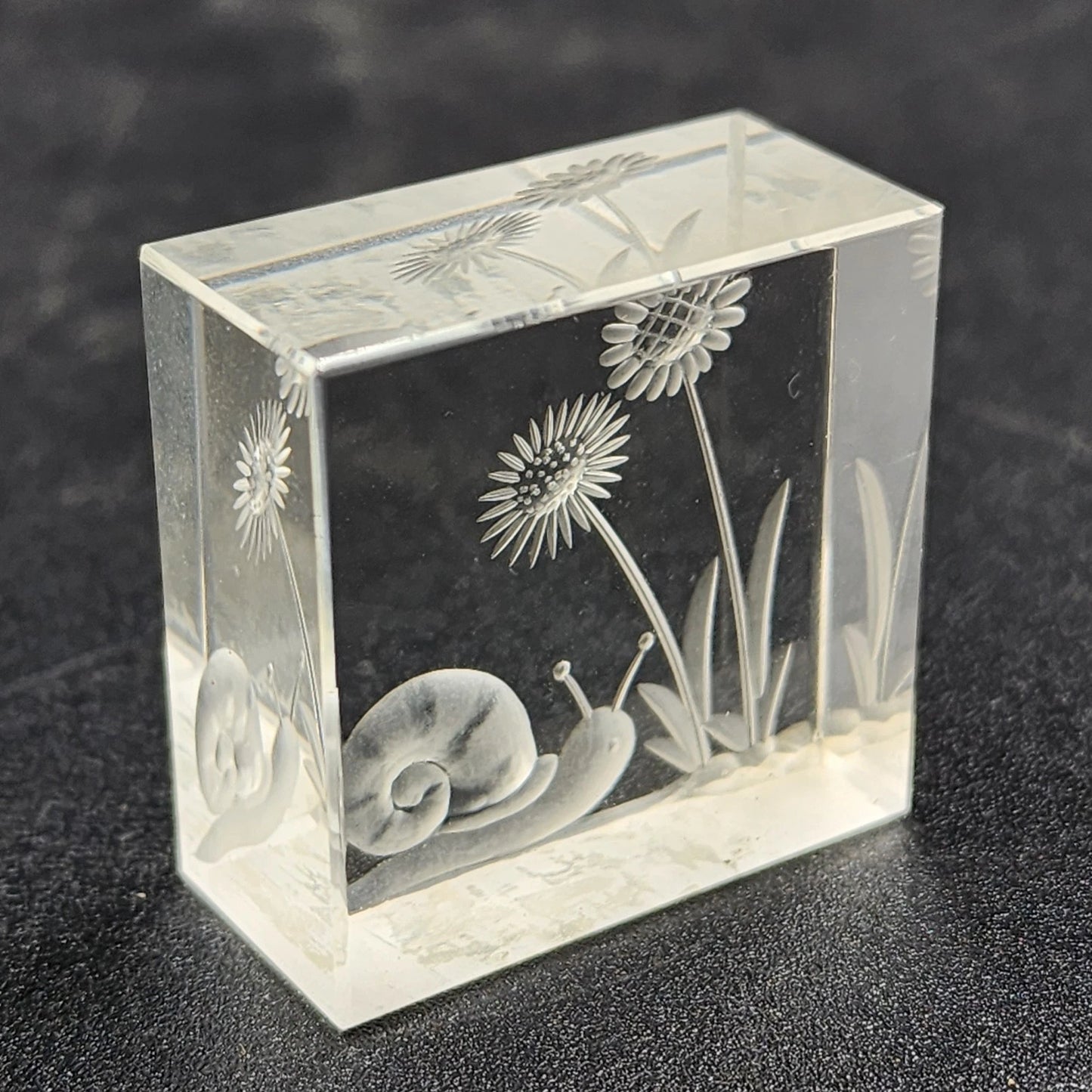 Reverse Etched Glass Paperweight Snail & Flower Design Clear Cube Collectible
