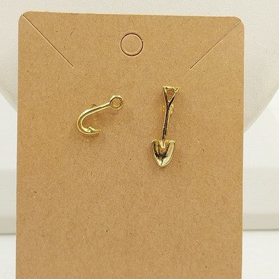 Gold Tone Shovel & Gold Tone Fishing Fish Hook Brooch Lapel Pins Tie Tack Vtg