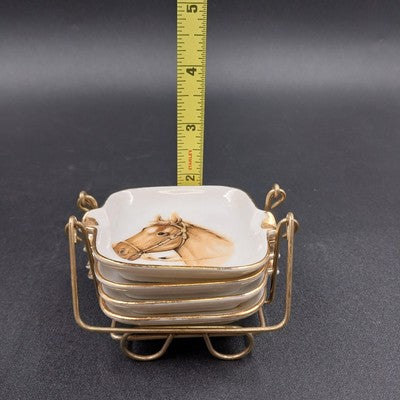 Set of 4 Art Line Ashtrays Horse Heads Gold Rimmed Ornamental Wire Holder Japan