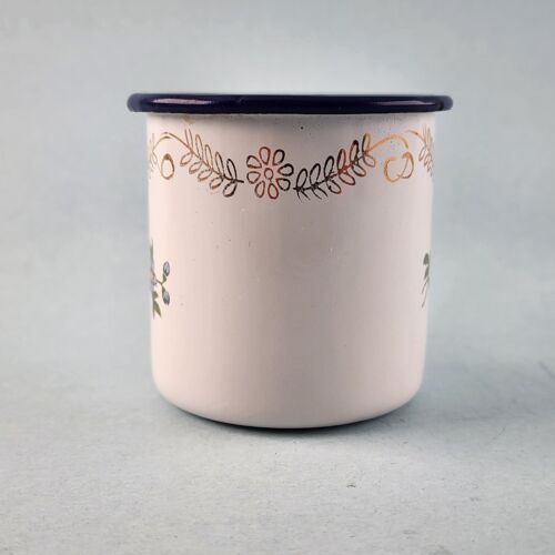 TrEs Enamel Tin Cup Small Mug Vintage Monterrey Mexico Flowers White w Blue Trim