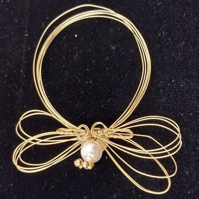 Gold Tone Wire Angel Brooch Pin w Faux Pearl Head Vintage 1990s Christmas Motif